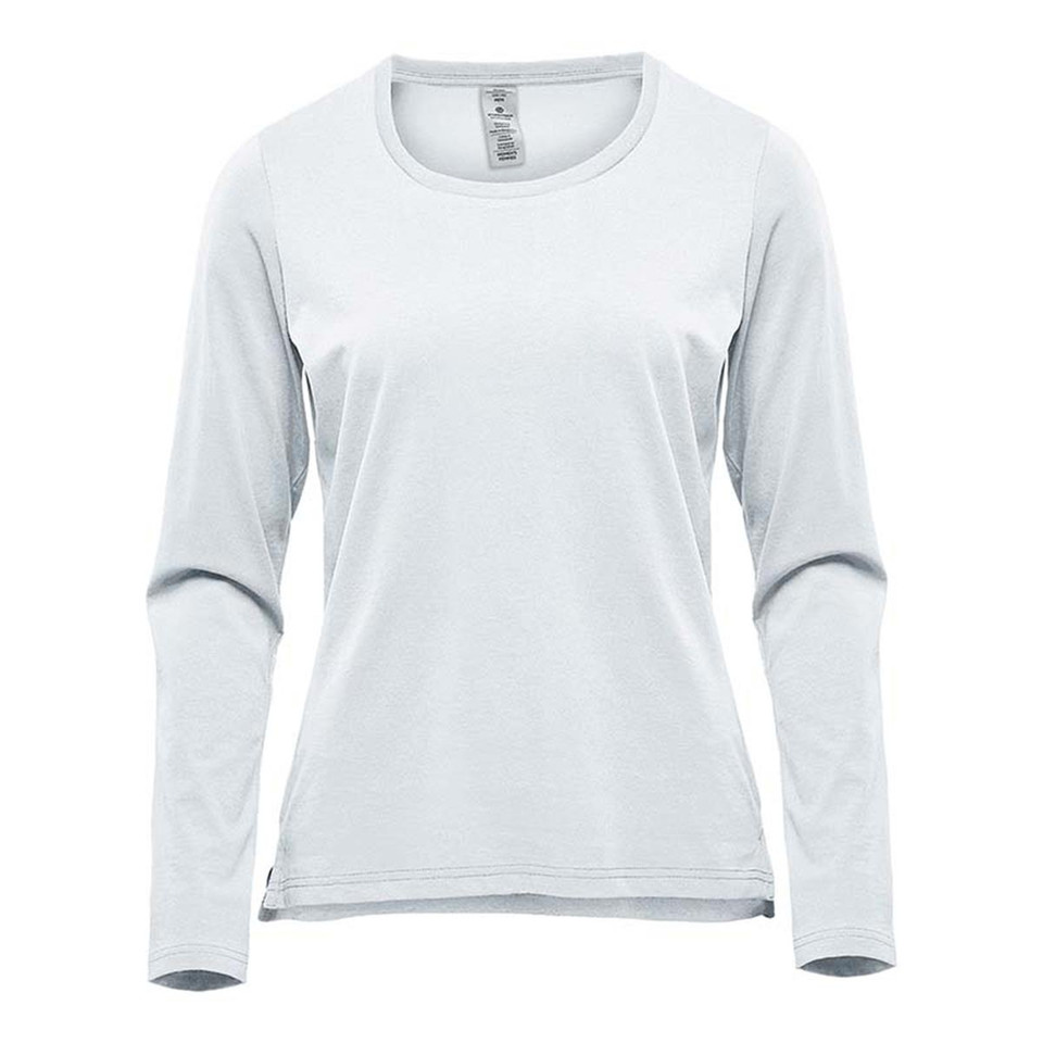 White women's long sleeve tee with scoop neckline, relaxed fit and curved hem — flat lay packshot