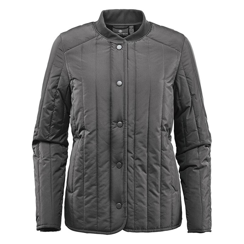 Charcoal women's quilted thermal jacket with snap-button placket, band collar, and seam-panelled construction