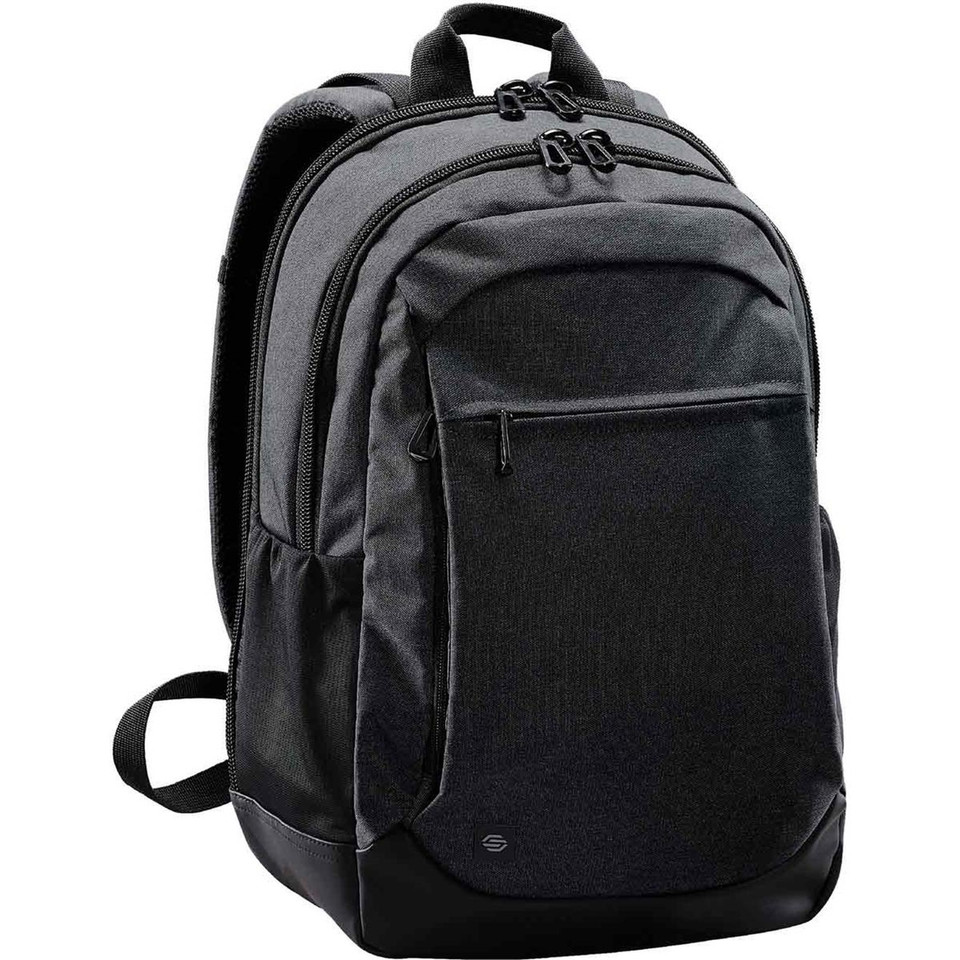 Charcoal and black 20L laptop backpack with textured fabric panels, front zip pocket, and padded shoulder straps
