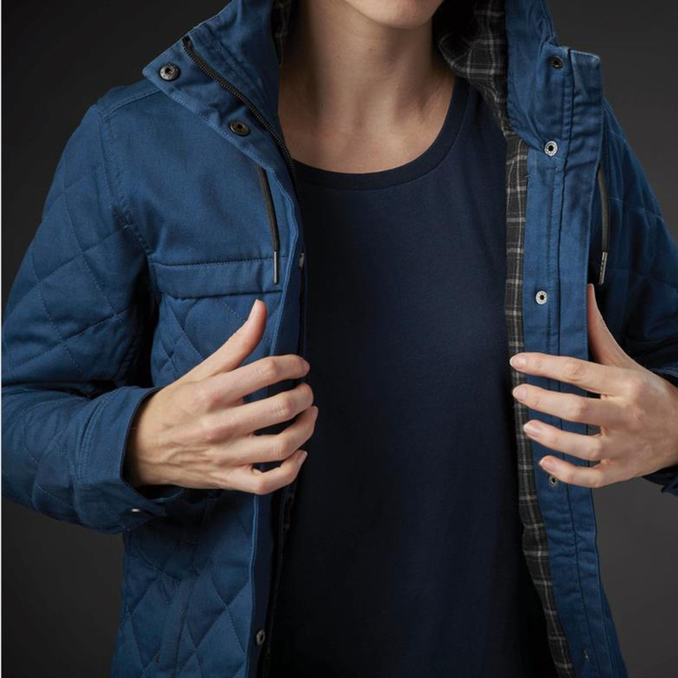 Steel blue quilted insulated jacket open to reveal tartan lining, hood with snap detail, worn by model