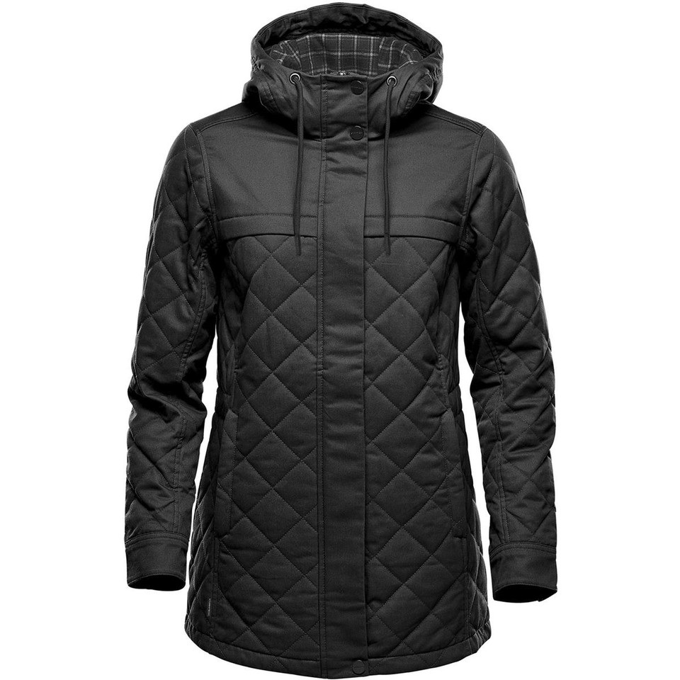 Women's black quilted insulated 3/4 length jacket with adjustable hood and diamond-pattern stitching