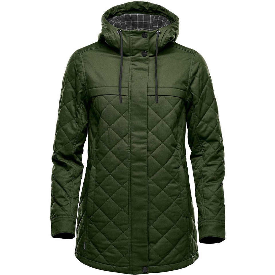Forest green women's quilted insulated 3/4 jacket with adjustable hood and snap placket