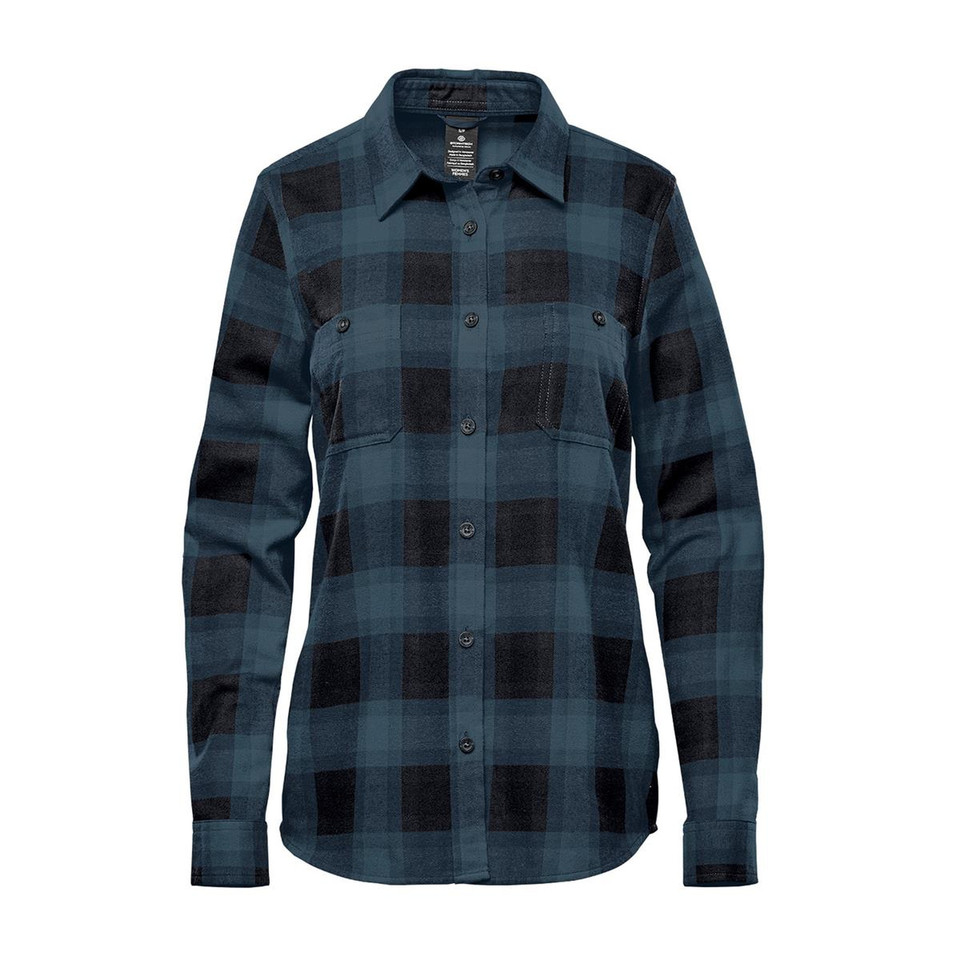 Women's teal and black buffalo plaid flannel shirt with button front, point collar, and dual chest pockets