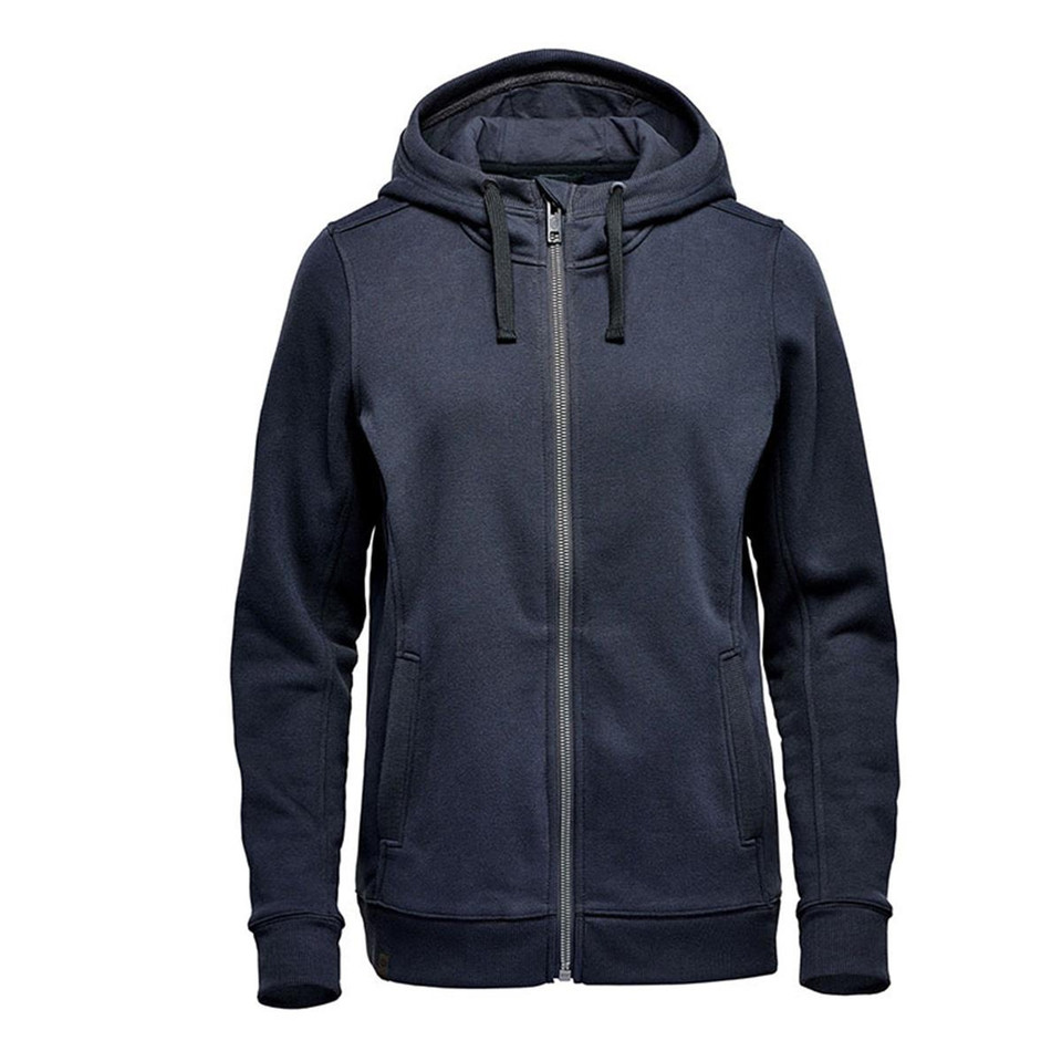 Women's navy full-zip hoody with brushed fleece, adjustable drawcord hood and front kangaroo pockets