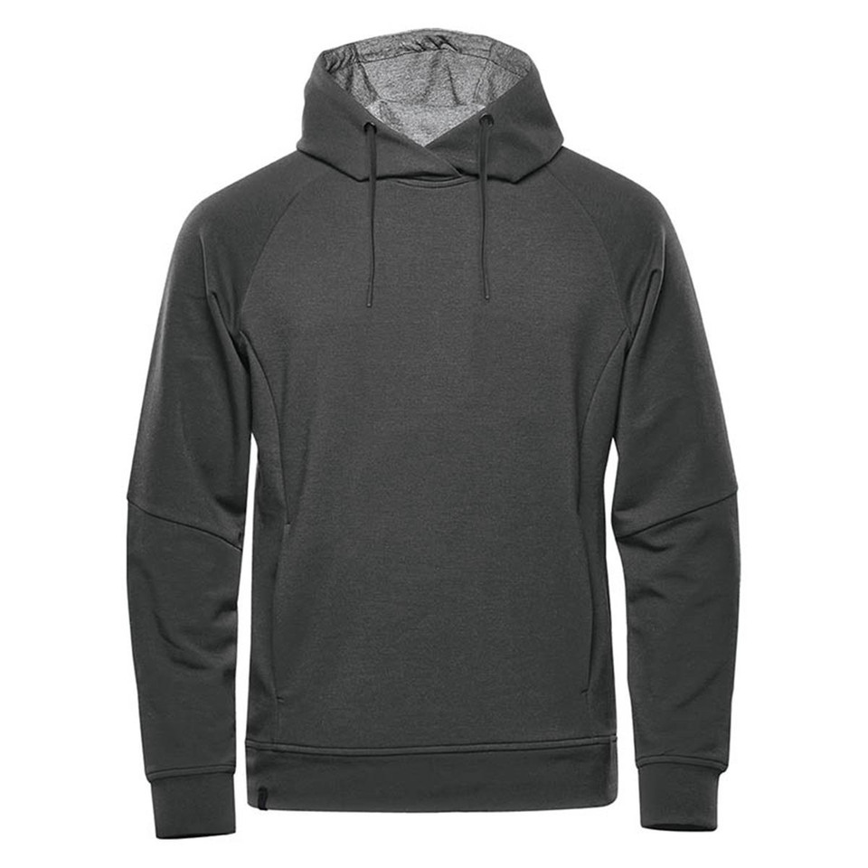 Charcoal grey mens performance pullover hoodie with raglan sleeves, drawstring hood, and ribbed cuffs