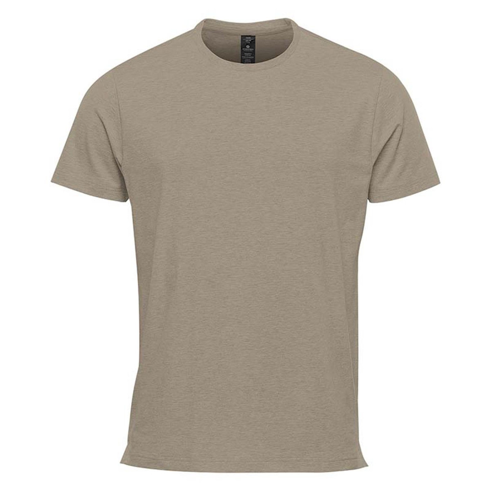 Sand heather men's crew neck performance tee with short sleeves and smooth flat front panel