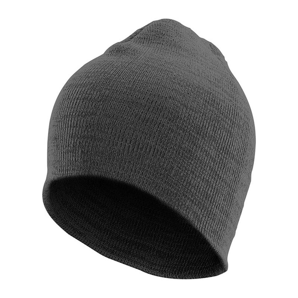 Charcoal grey heathered knit beanie with fine rib texture and clean folded brim