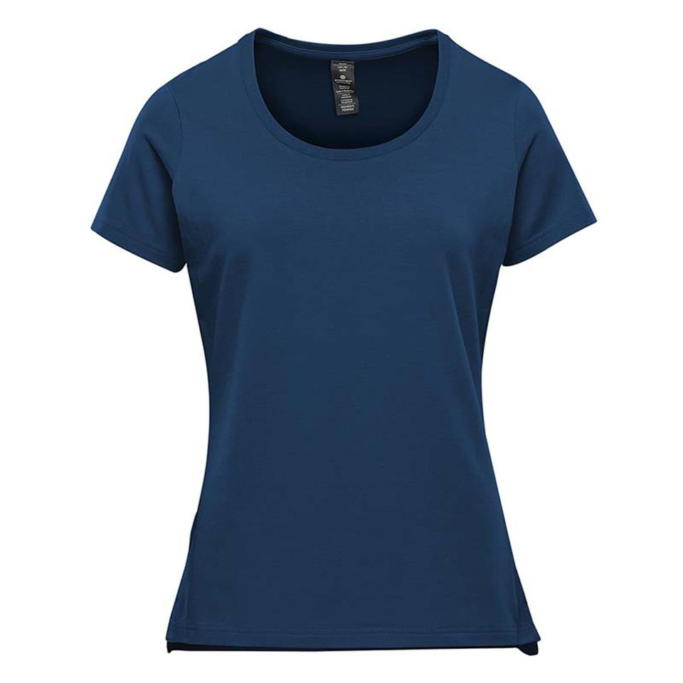 Navy blue women's performance tee with scoop neckline, fitted silhouette and short sleeves