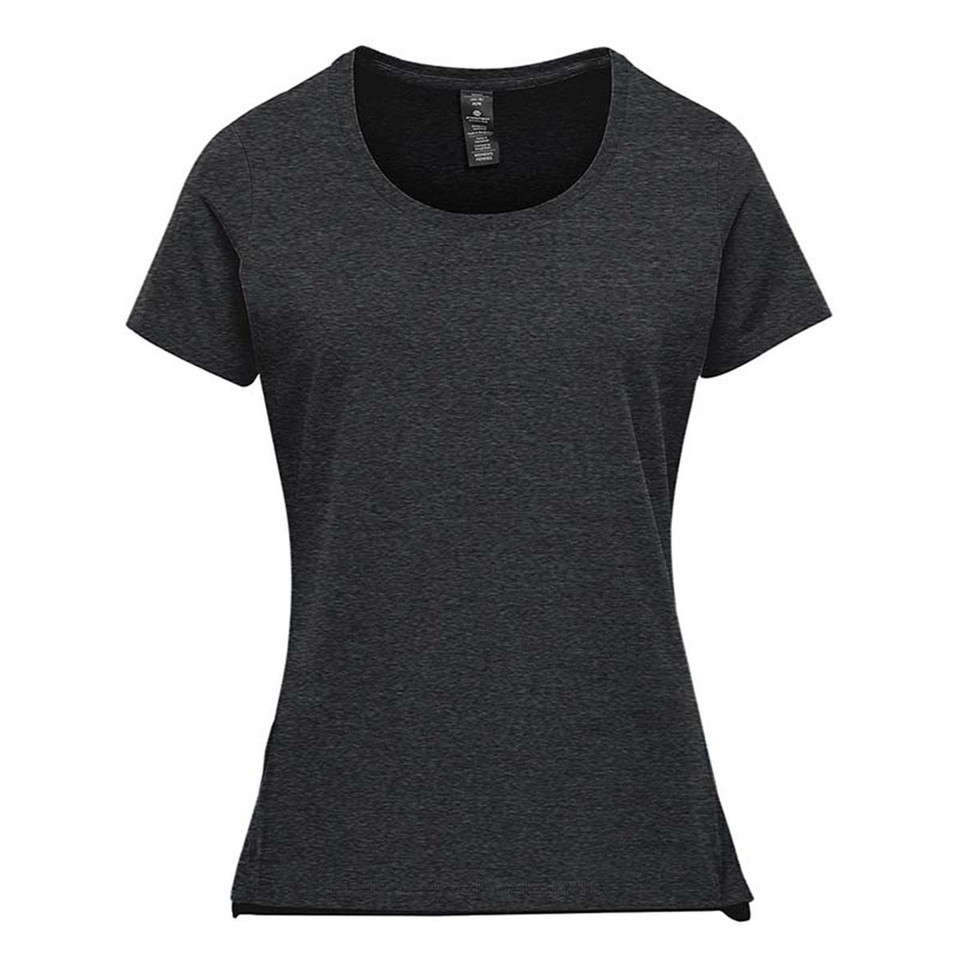 Women's charcoal marle performance tee with scoop neck, fitted silhouette and smooth front panel