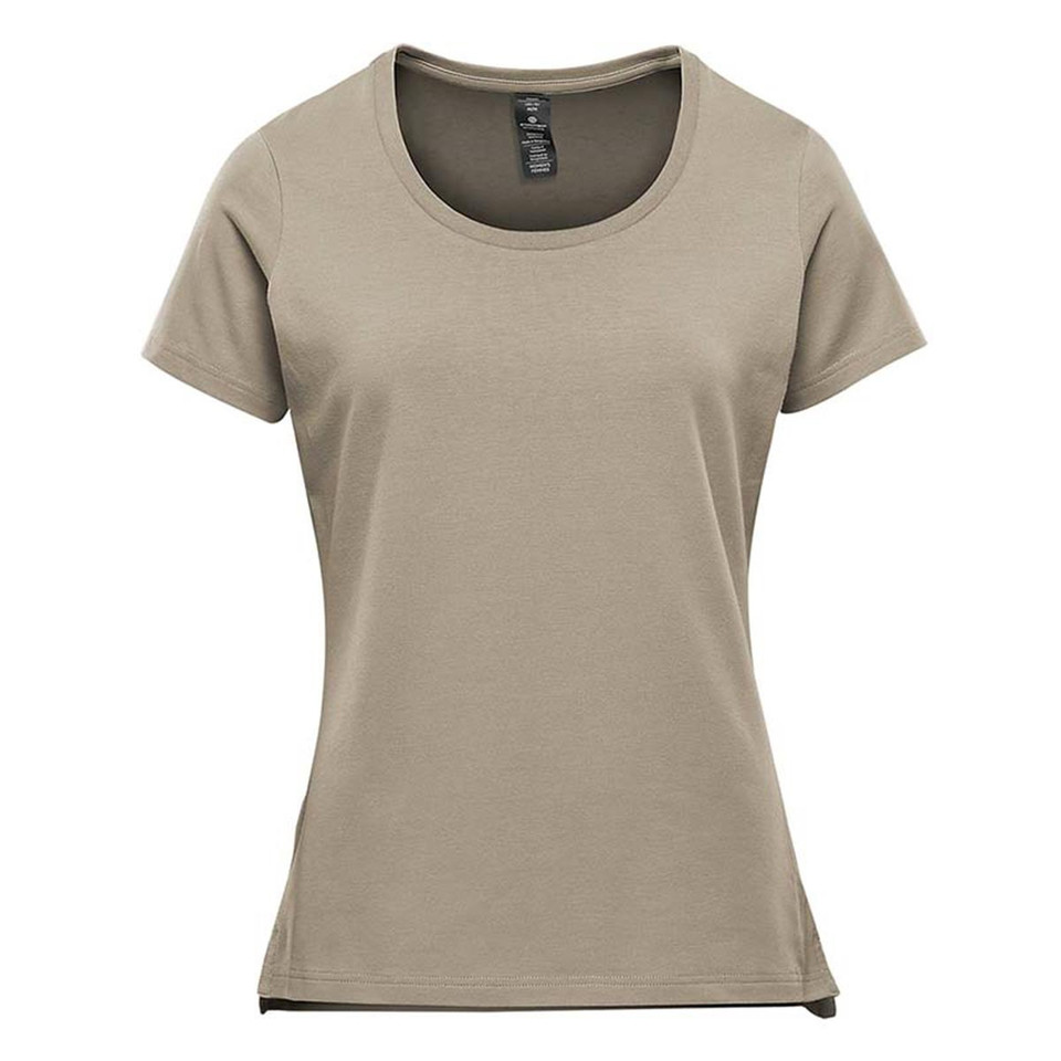 Women's sand scoop-neck performance tee with short sleeves and fitted silhouette, flat packshot