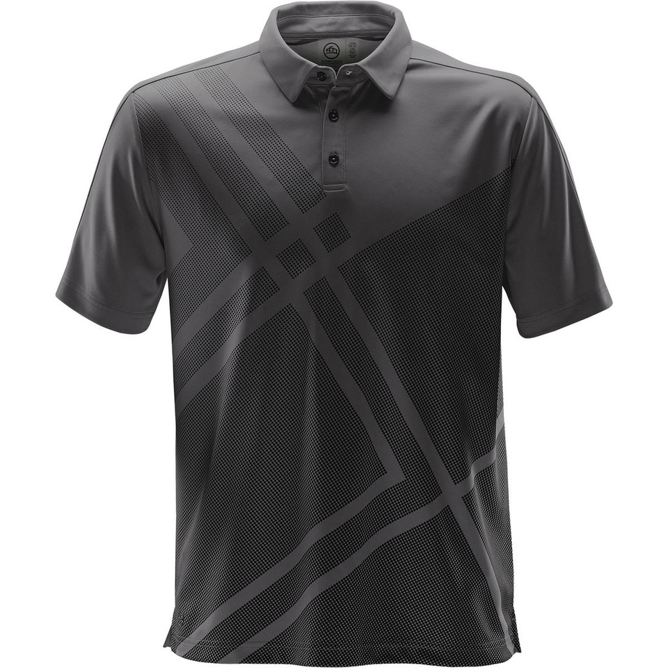 Charcoal performance polo with bold geometric graphite print, three-button placket, and smooth H2X-DRY moisture-wicking fabric