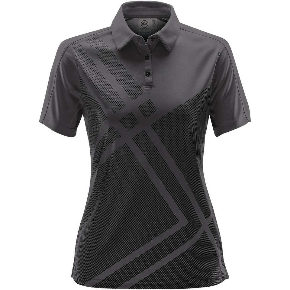 Charcoal women's performance polo with geometric tonal print, three-button placket and short sleeves