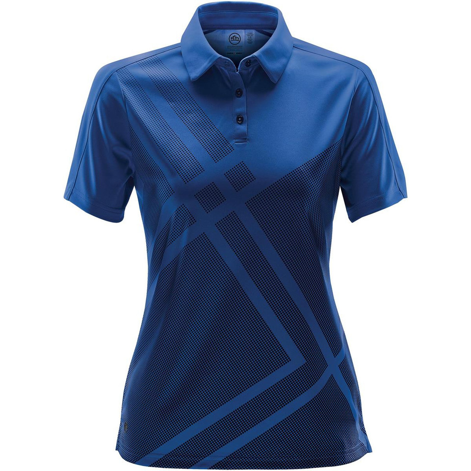 Women's royal blue performance polo with tonal geometric print across front, 3-button placket and short sleeves