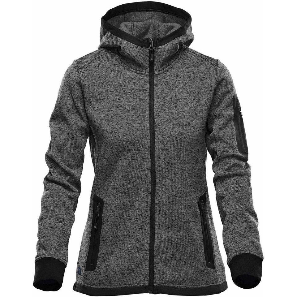 Women's charcoal marl sweater-knit fleece hooded jacket with full zip and black contrast panels