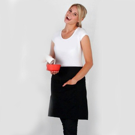 Black waist apron with front pocket and white sleeveless top shown on model
