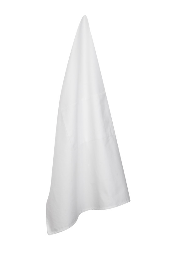 White short waist canvas apron with ties, flat front panel, hanging display