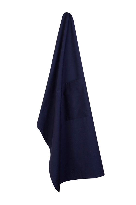 Navy short waist canvas apron with hanging loop, displayed flat against white background