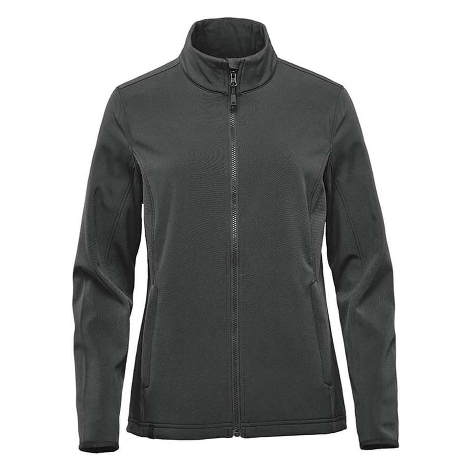 Women's charcoal grey full-zip softshell jacket with stand collar and zip pockets