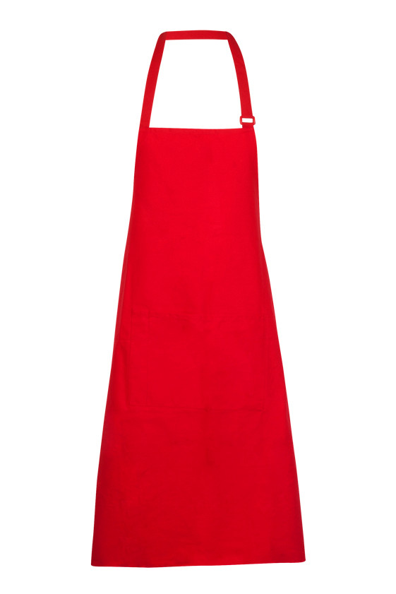Bright red full bib apron with adjustable neck strap and front pocket