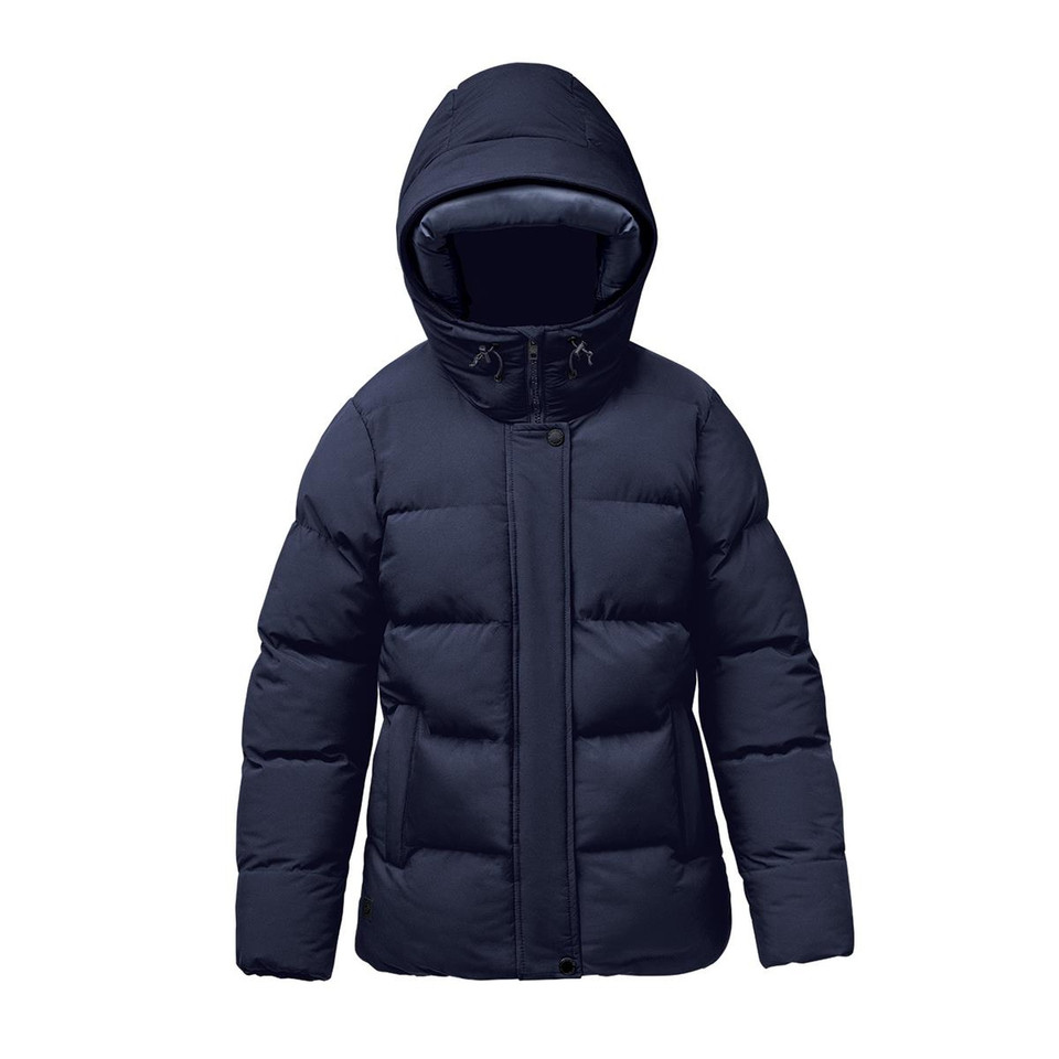 Navy women's puffer jacket with attached hood, zip placket, and quilted horizontal baffles
