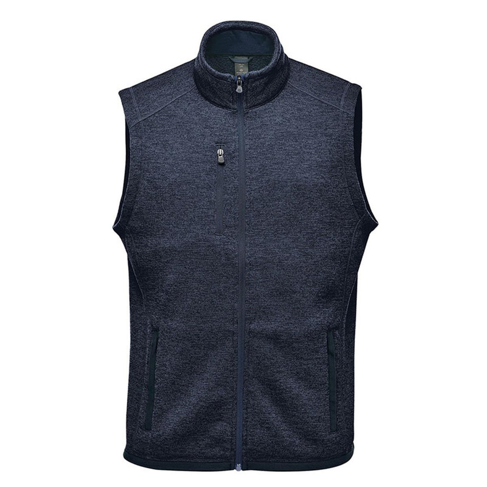 Navy marl full-zip fleece vest with stand collar, chest zip pocket and side hand pockets