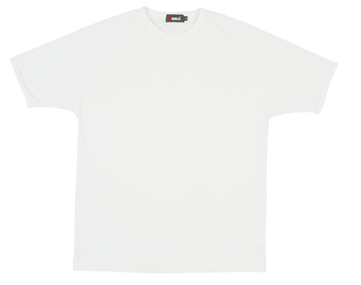 White stretch fitted crew neck t-shirt with short sleeves laid flat on white background