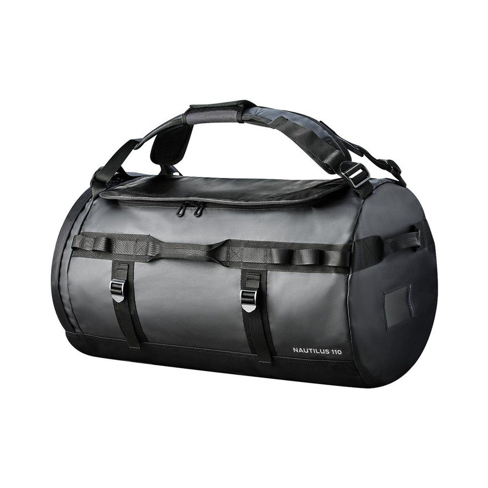 Stormtech Nautilus 110L black waterproof duffle bag with coated shell, compression straps, and top carry handle