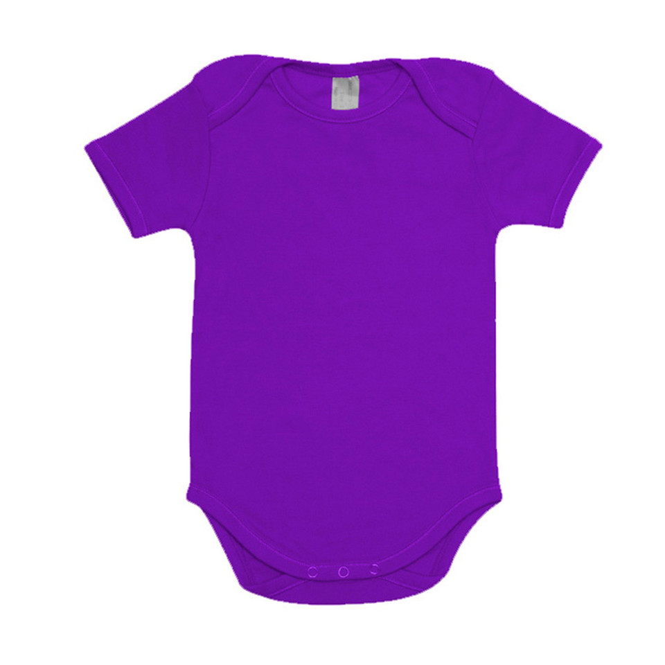 Violet short-sleeve baby romper flat lay with envelope neckline and snap buttons at hem