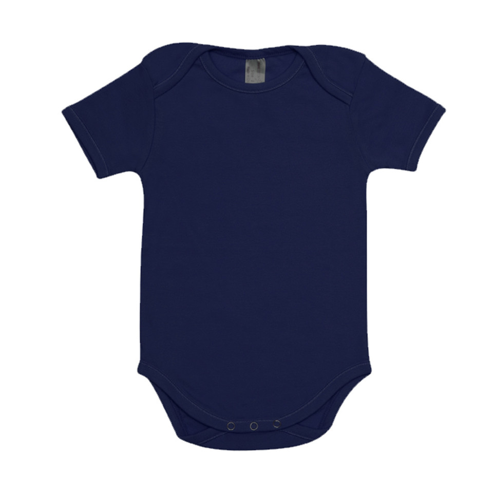 Navy blue organic cotton baby romper with short sleeves and envelope neckline