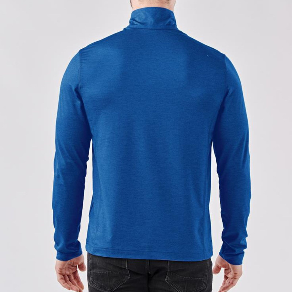 Rear view of a royal blue quarter-zip pullover with high collar and smooth heathered performance fabric
