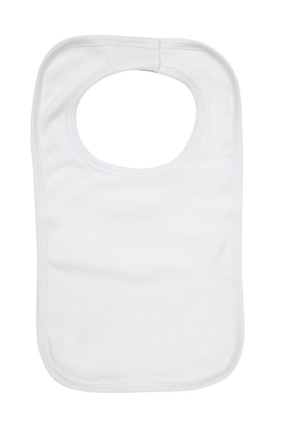 White organic cotton baby bib with curved neckline and generous coverage area