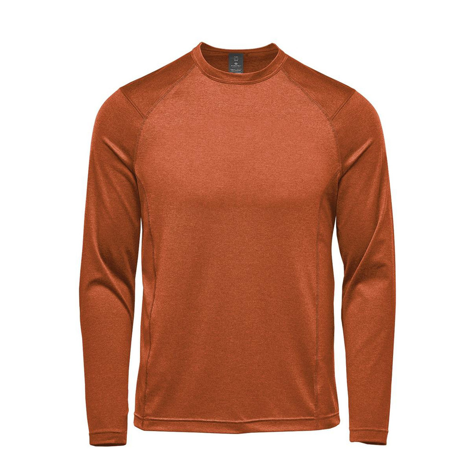 Burnt orange heather long sleeve performance top with crew neck and raglan sleeves, flat lay packshot