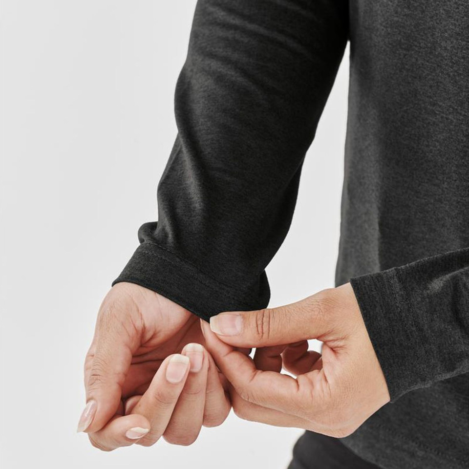 Close-up of charcoal marl long sleeve top cuff, model adjusting ribbed sleeve hem