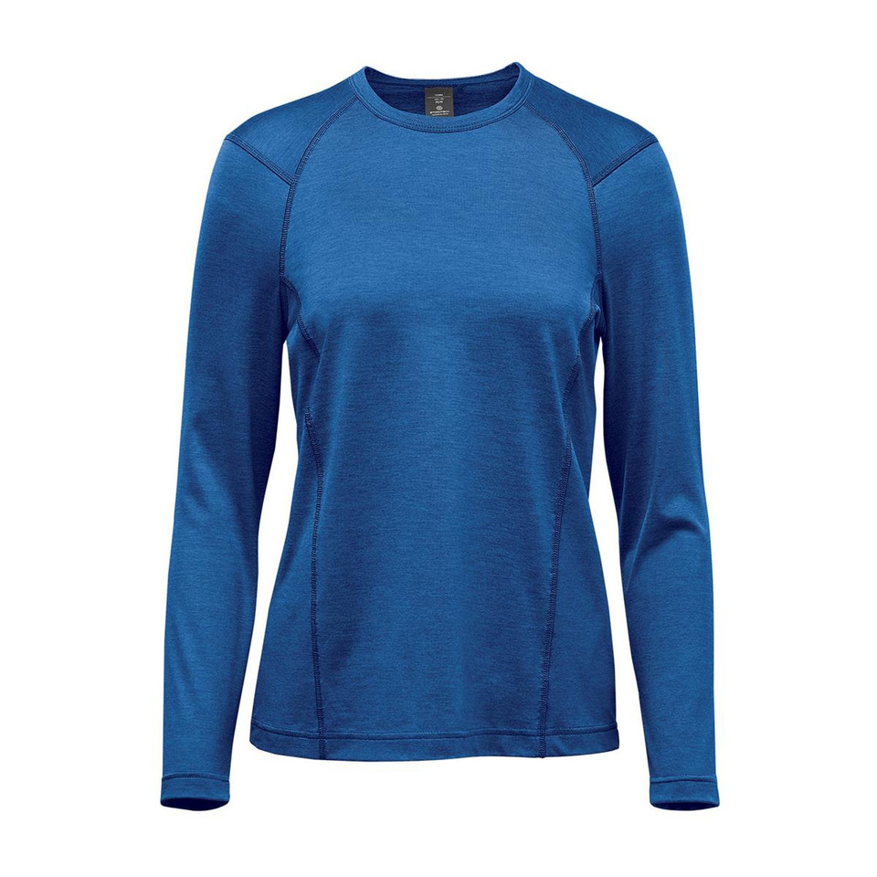 Royal blue women's long sleeve crew neck performance top with raglan seams and tonal stitching detail