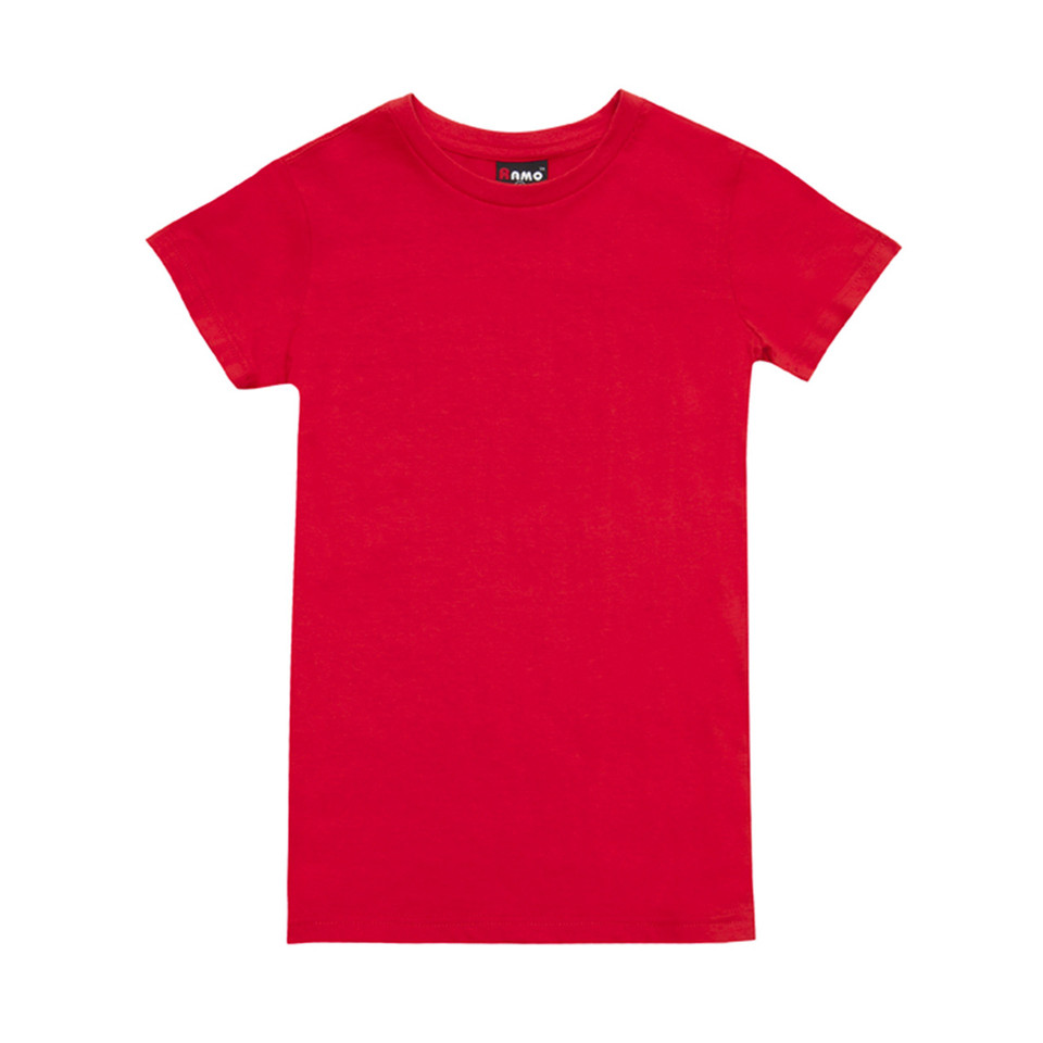 Cherry red women's slim fit crew neck tee, short sleeves, flat lay packshot showing smooth front panel