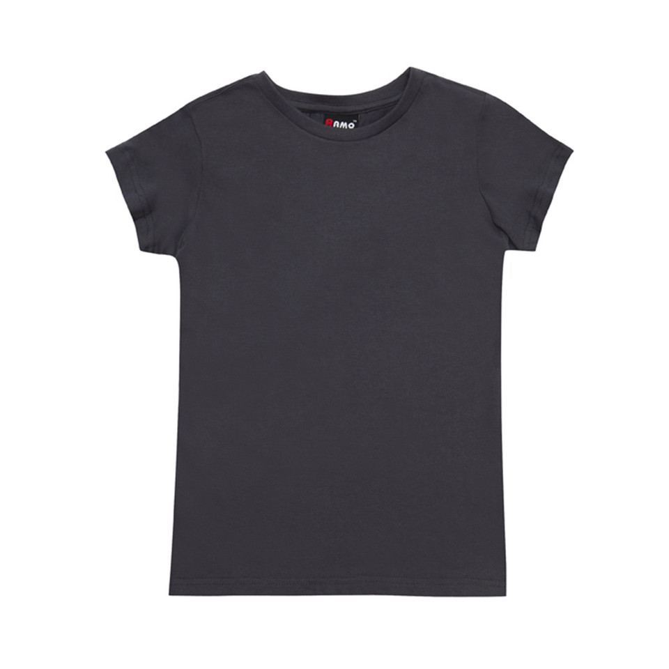 Charcoal grey women's slim fit crew neck tee, flat lay showing smooth front panel and short sleeves