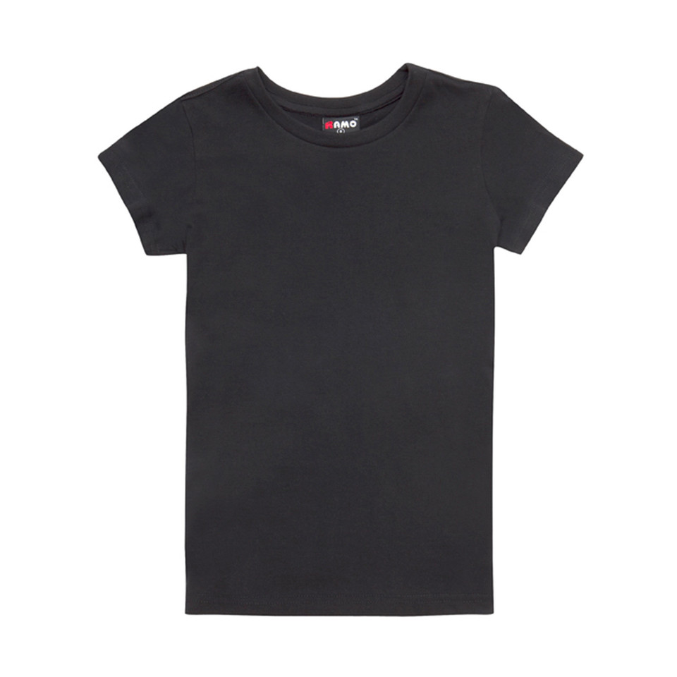 Charcoal black women's slim fit crew neck tee, flat lay packshot with smooth front panel