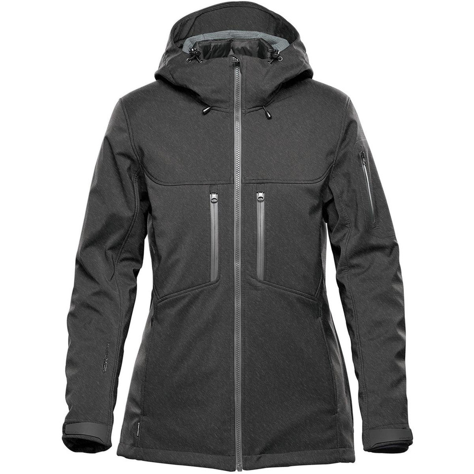 Charcoal women's technical system jacket with adjustable hood, centre-front zip and contrast grey zipper pulls