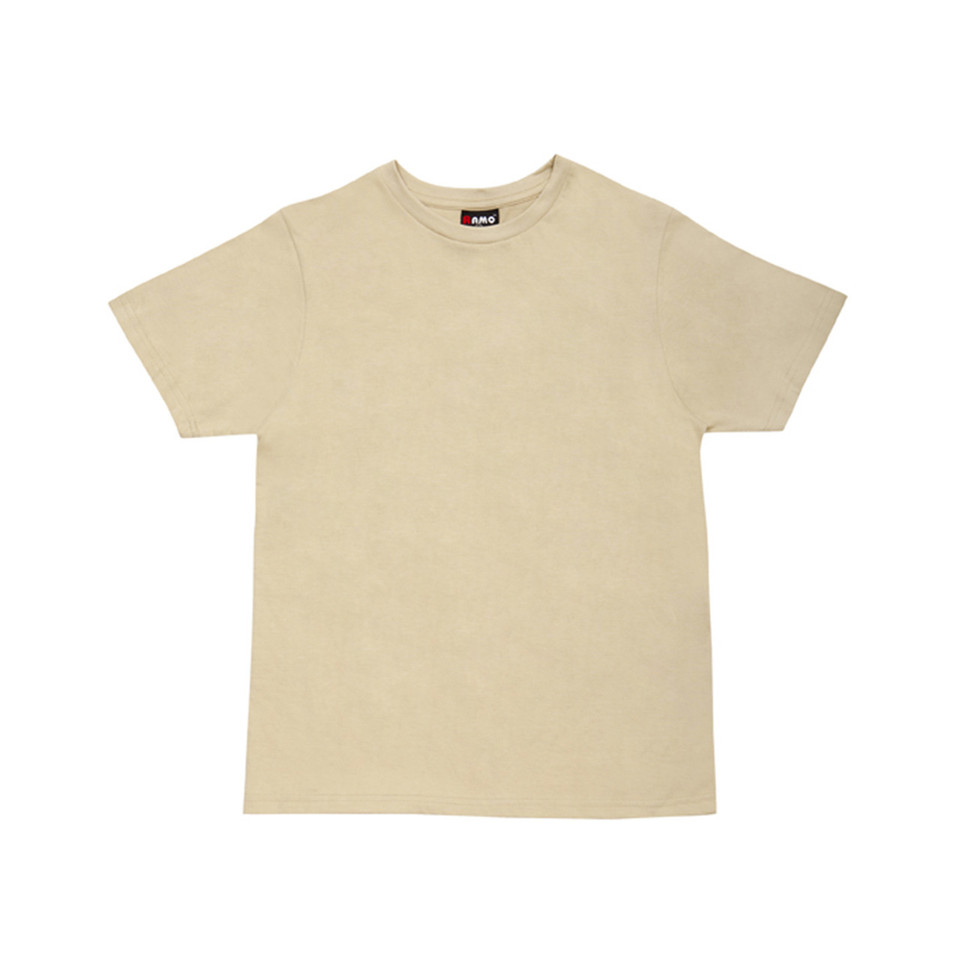 Natural beige cotton jersey t-shirt with crew neck and short sleeves on white background