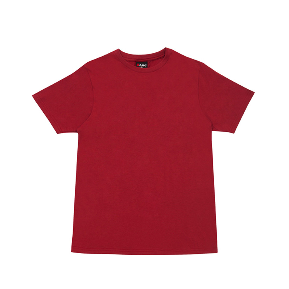 Crimson red men's slim fit crew neck cotton jersey tee, flat lay packshot with clean chest panel