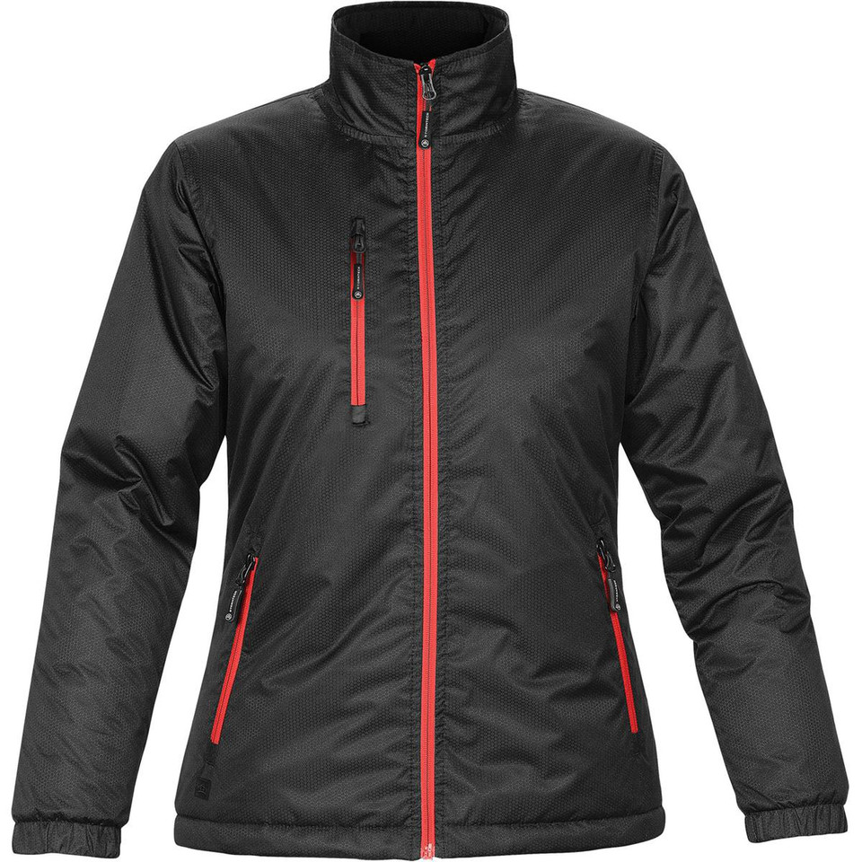 Women's black insulated thermal jacket with scarlet red zip trim, chest pocket, and ribbed cuffs — packshot