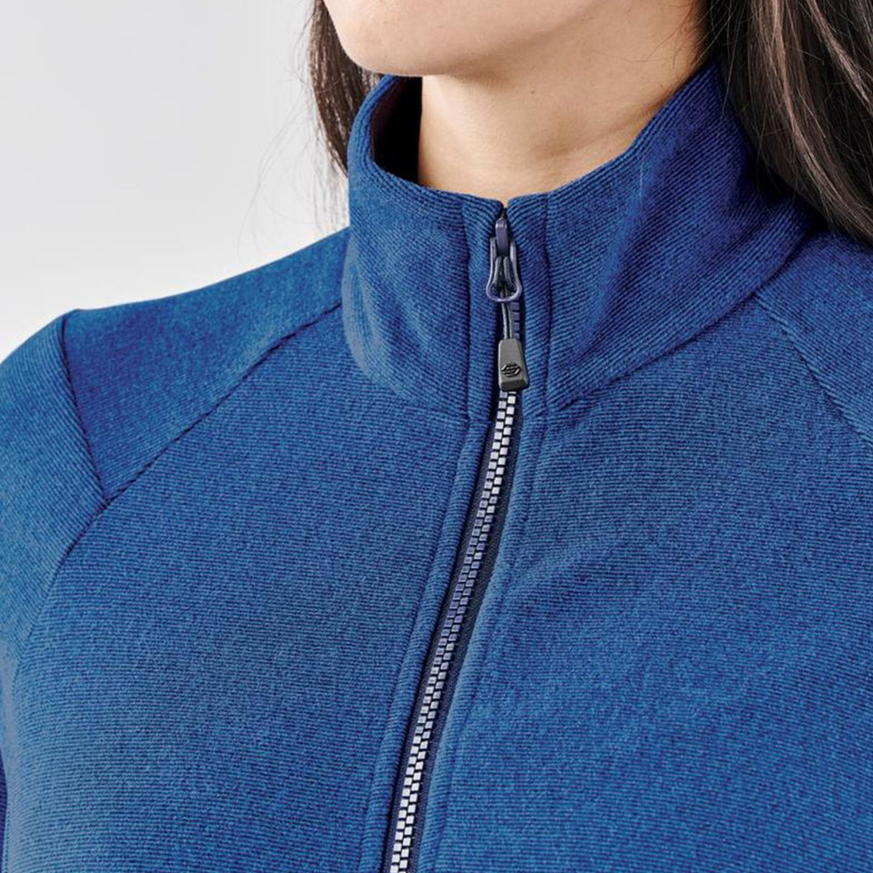 Women's royal blue marl full-zip fleece jacket with ribbed ottoman-knit texture and stand collar, close-up detail