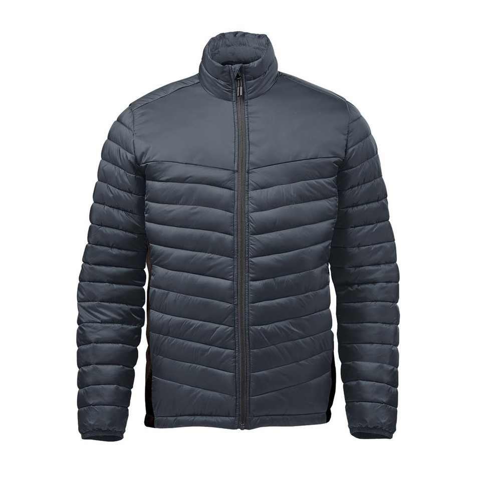 Slate grey mens puffer jacket with quilted body panels, smooth contrast yoke, stand collar and full-length zip