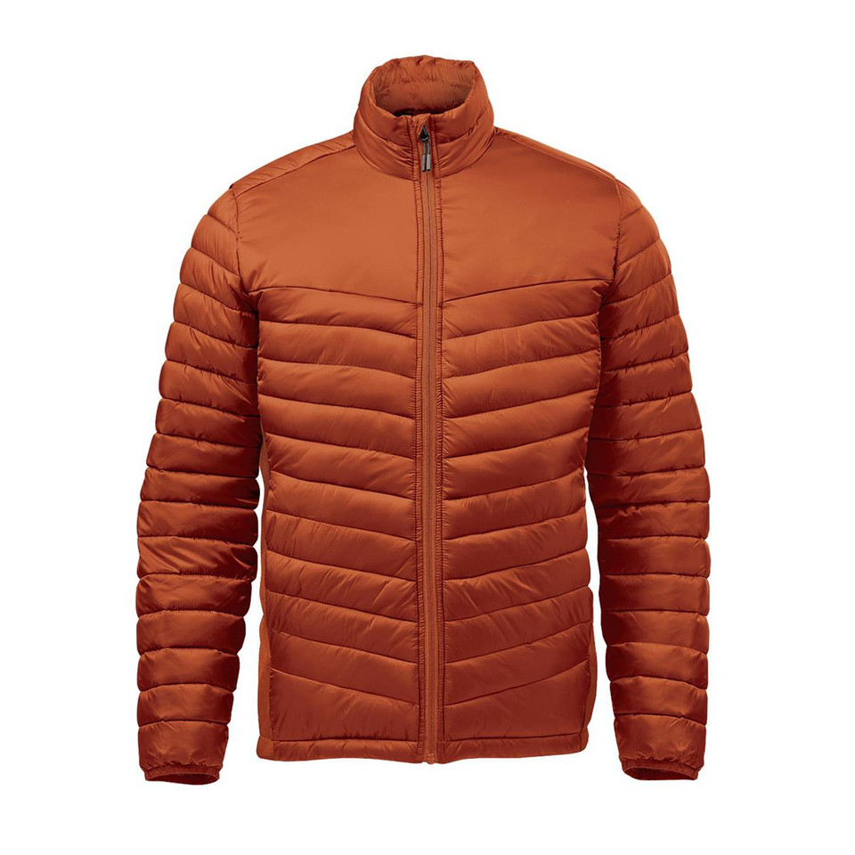 Burnt orange men's thermal puffer jacket with stand collar, full-zip, horizontal quilted channels and smooth chest panel