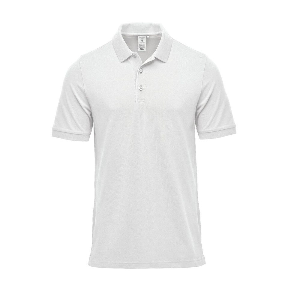 White men's short sleeve polo shirt with ribbed collar, two-button placket and smooth front panel