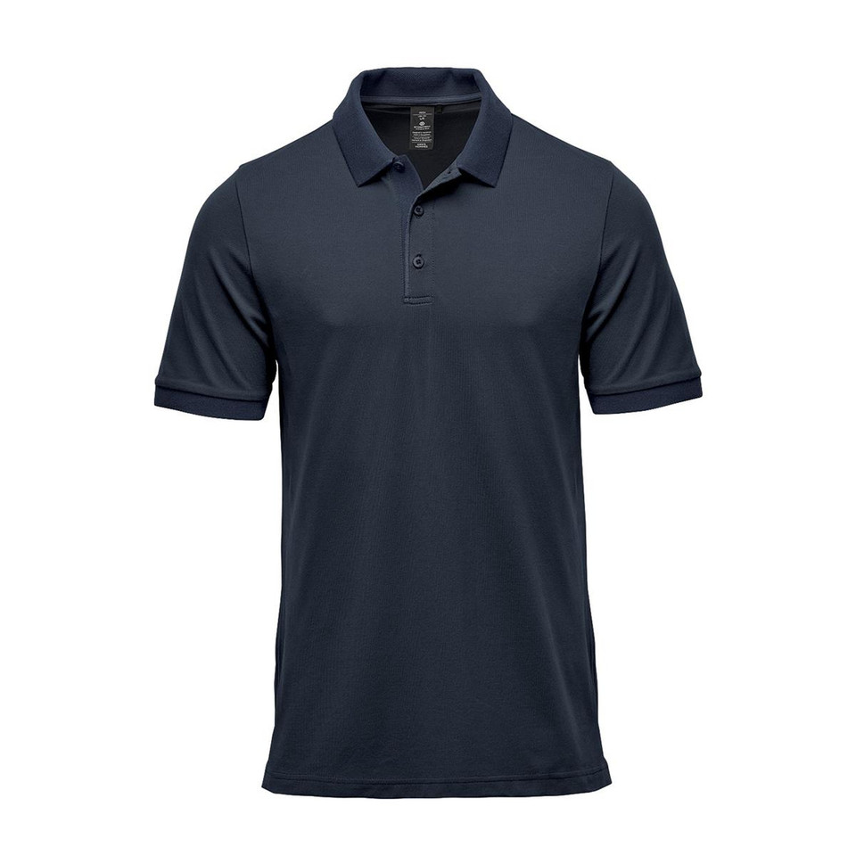 Stormtech midnight navy men's polo with three-button placket, ribbed cuffs, and smooth stretch-cotton fabrication