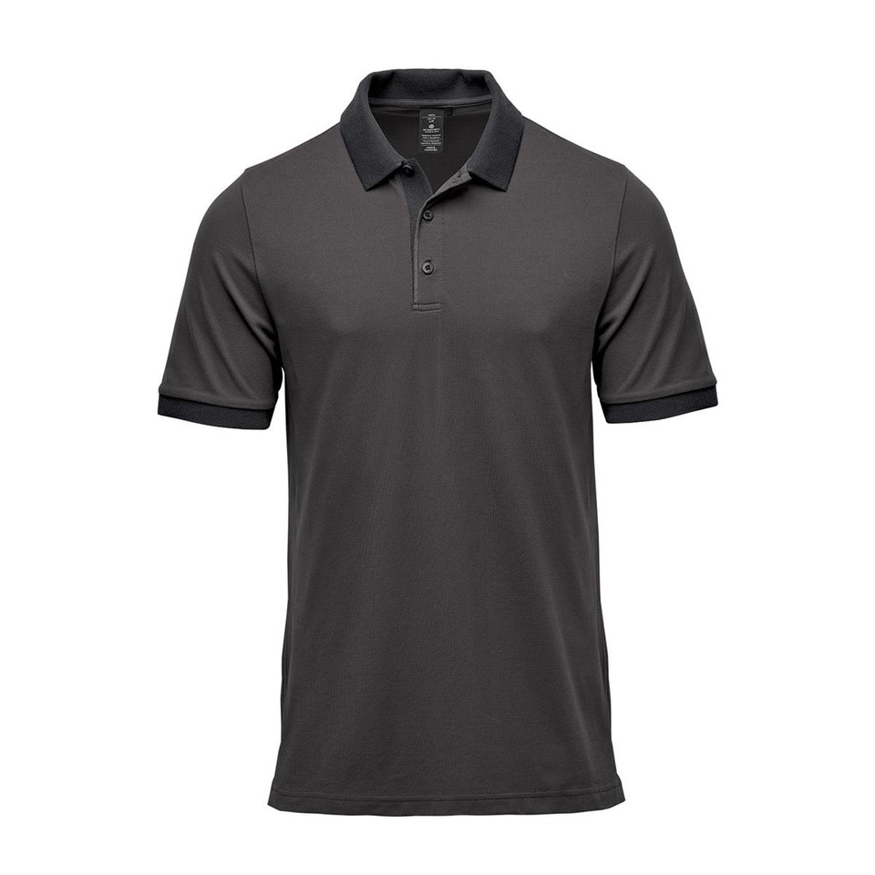 Stormtech charcoal grey mens polo with black contrast collar, placket buttons, and sleeve cuffs