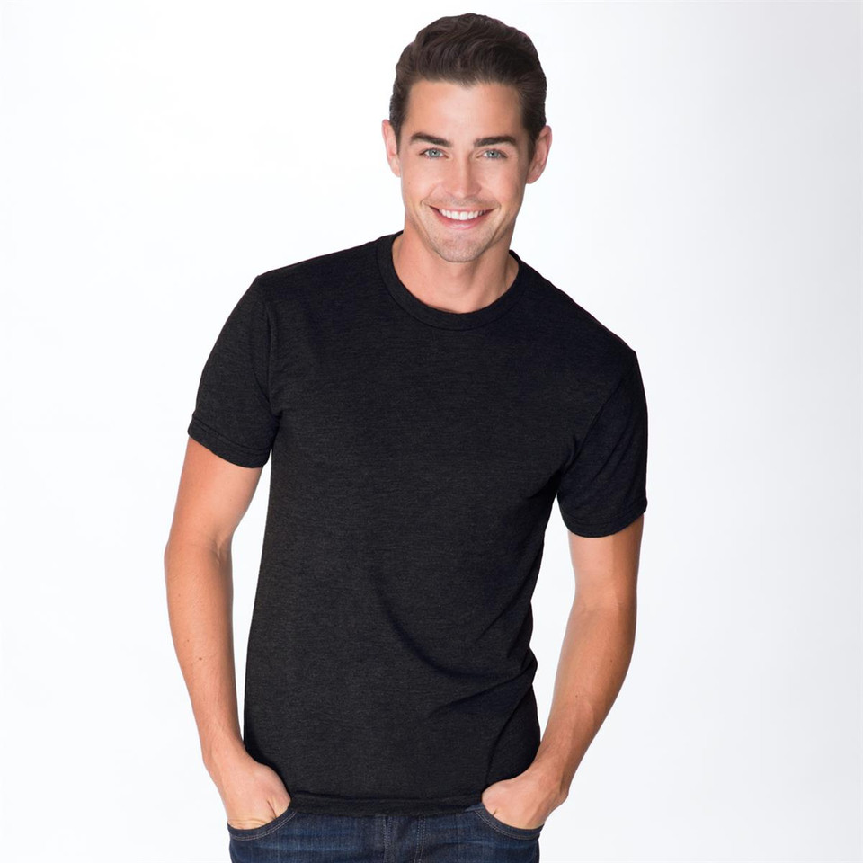 Man wearing charcoal black marle tri-blend crew neck t-shirt with short sleeves and smooth front panel