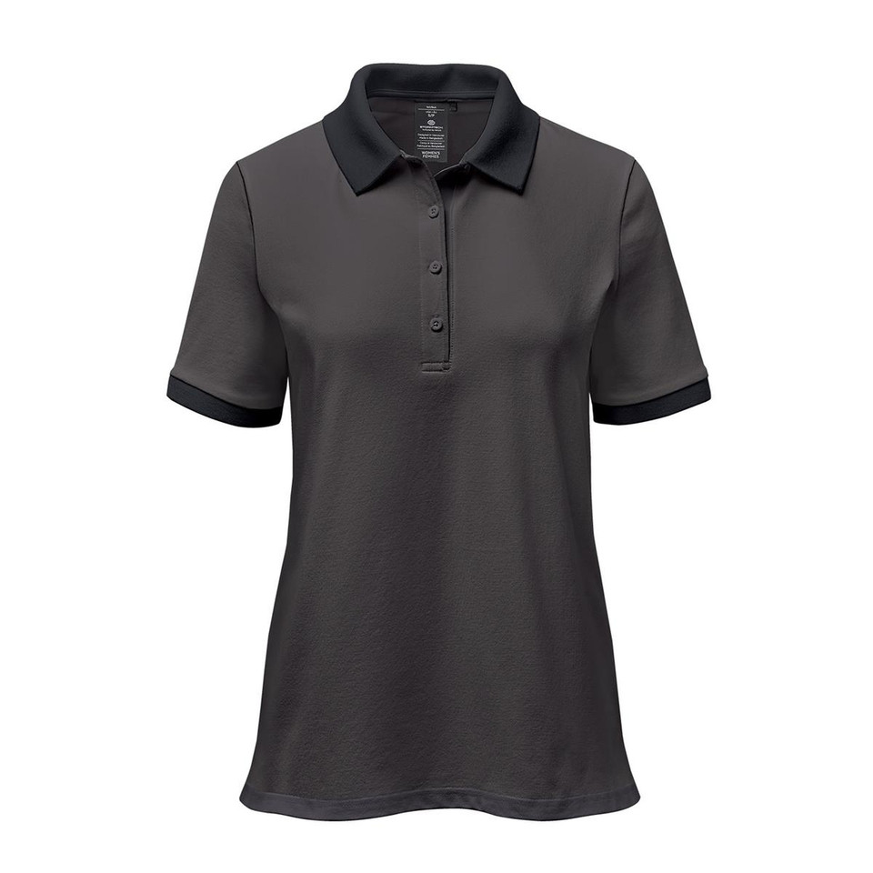 Women's charcoal stretch polo with black contrast collar and sleeve cuffs, three-button placket, tailored fit