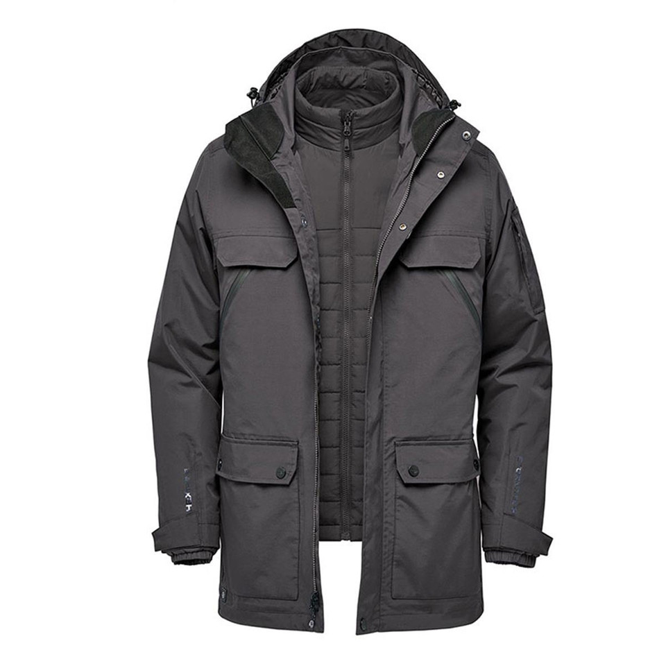 Graphite men's 5-in-1 system jacket with detachable quilted vest, zip-off hood, chest and lower snap pockets